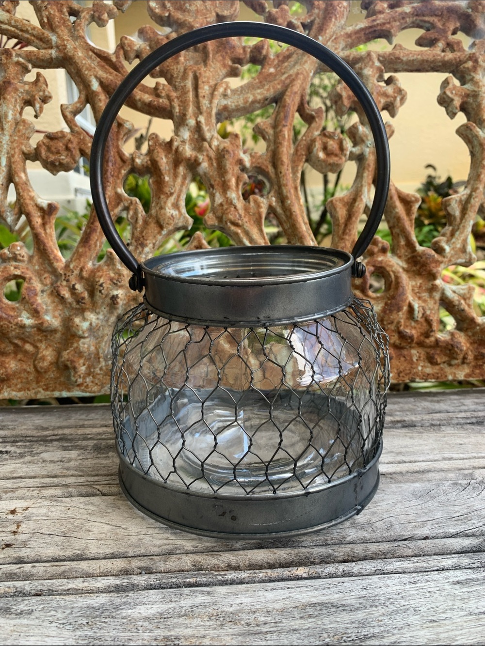 Vintage Gray Metal & Glass Jar Lantern with Arched Handle